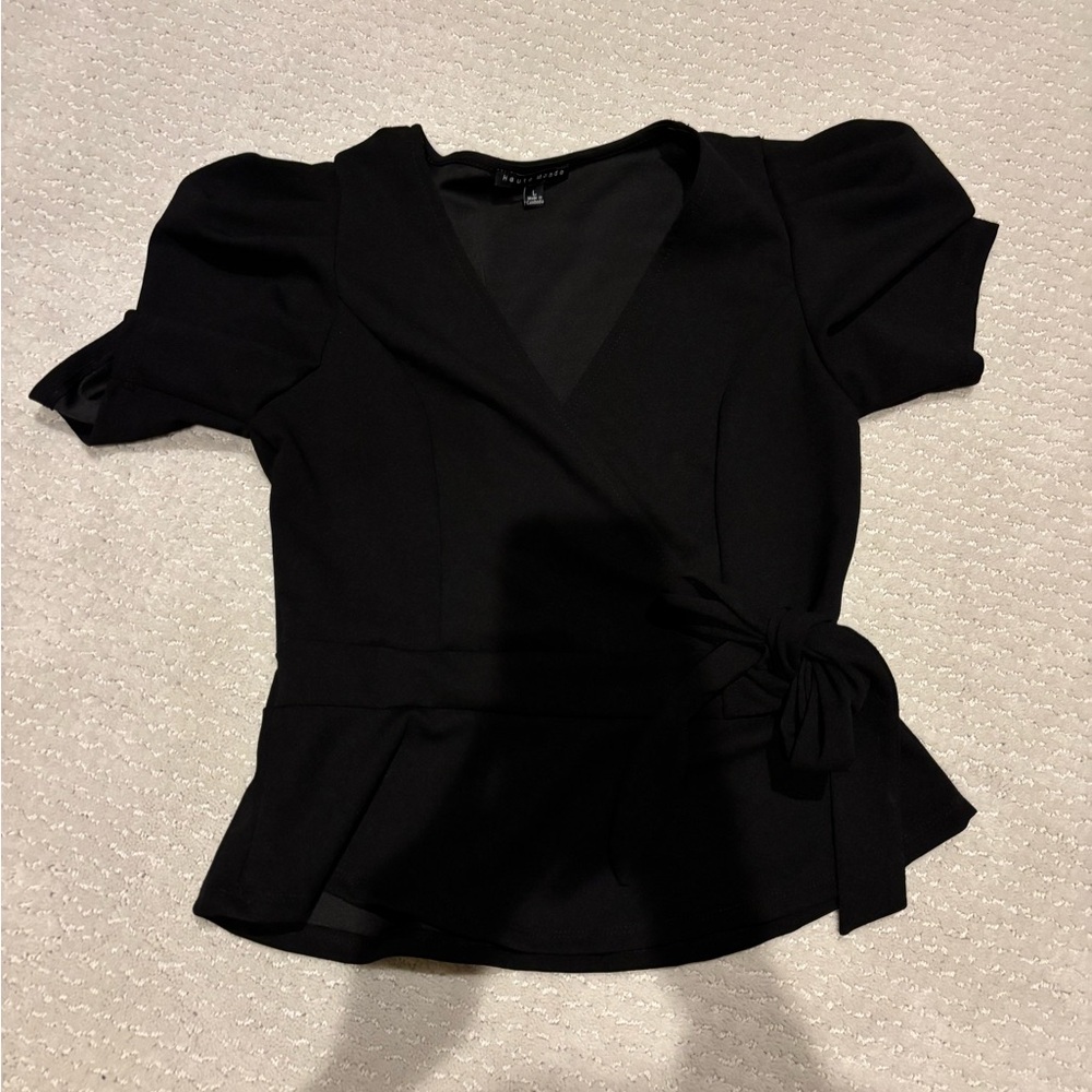 Haute Monde Black Wrap Peplum Blouse with Side Tie